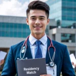 International medical graduate standing outside U.S. hospital after matching residency with help from Cross Country Healthcare and Hubmed