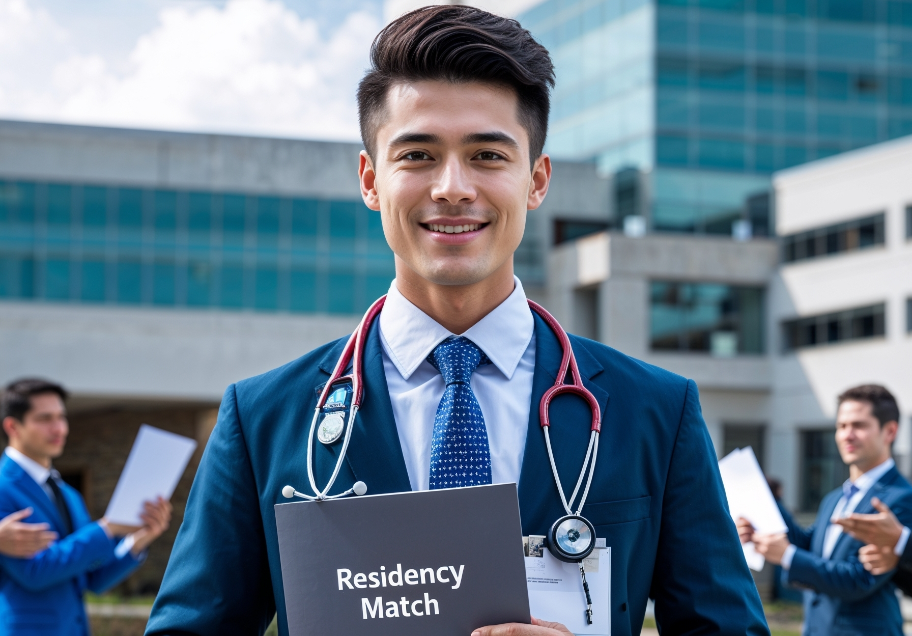International medical graduate standing outside U.S. hospital after matching residency with help from Cross Country Healthcare and Hubmed