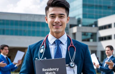 International medical graduate standing outside U.S. hospital after matching residency with help from Cross Country Healthcare and Hubmed